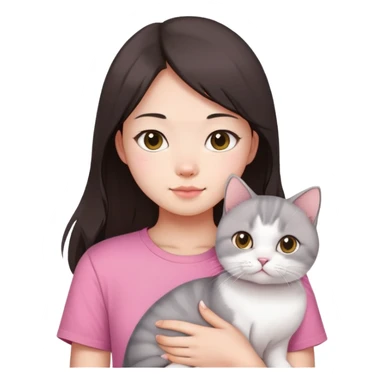 Chinese girl with dark brown half long hair wearing pink t shirt holding a British shorthair white cat  sticker