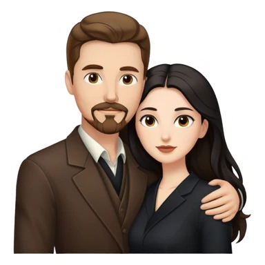 tall white man with brown hair goatee mustache embracing a pale woman with long black hair, wearing elegant clothing, standing portrait sticker