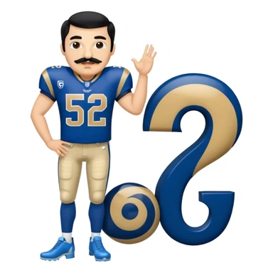 Chill guy in LA Rams jersey  with nu.ber 52. Black hair black mustache. Full body. Blue heels sticker