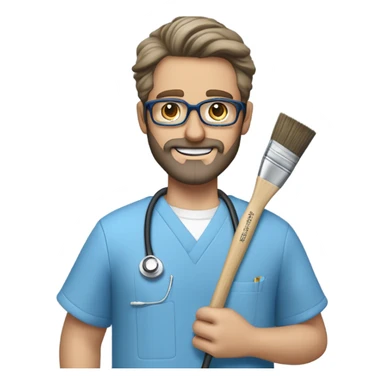 male dark blond haired doctor with grey van dyke beard with hazel eyes and small wire-rimmed glasses in blue scrubs holding a large paintbrush sticker