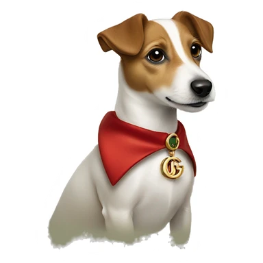 one year old jack russell terrier light brown wearing gucci gold green and red GG more gucci sticker