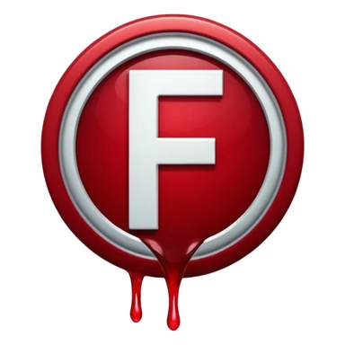 a white color letter F in surrounded with a circle deep red circle, the whole combination has a liquid texture to it and is giving the mackintosh vibes, the font was a bold modern one sticker