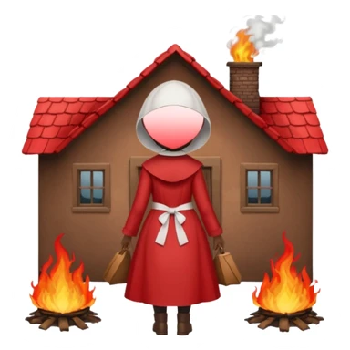 handmaids tale style woman burning house down walking away from house. shes wearing the nun hands maid tale hat cant see her face with brown hair shes wearing the red handmaids tale costume with white bonnet sticker