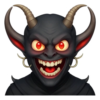 “Scary demon emoji, evil human-like laugh, black clothes, big curved horns, glowing red eyes, upper body visible till chest, dark mood, high detail, emoji style, clean background” sticker