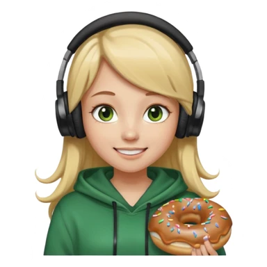 a girl with long brown hair blonde ends green and wearing black headphones she is wearing a cream coulor baggy hoddie she is happyish holding a donut sticker
