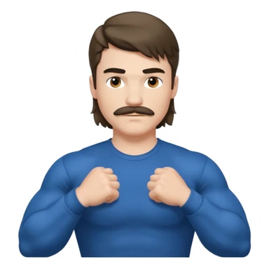 generate an ios genmoji of a 20 year old boy with shoulder length hair and a mullet. cop mustache. BIG biceps and wearing a full sleeve tshirt that fits his biceps sticker