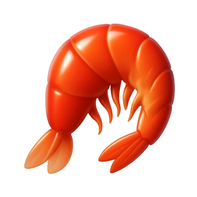Create a shrimp emoji that looks exactly like the reference image in iOS emoji style. The emoji should have a 3D appearance with shiny, smooth gradients, soft shadows, and a realistic shrimp shape, capturing the classic emoji look. Add a glossy effect to the shell. sticker
