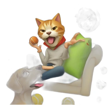 Generate a sticker of a playful scene featuring a cat lying on a cushion and a dog holding a toy in its mouth, while a young man holding a tennis ball observes in the background. sticker