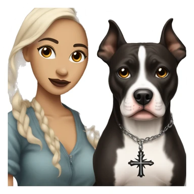 light skin woman with a tattoo of a small cross near her eye and long wavy black hair expressing joy alongide a white and brown pitbull sticker