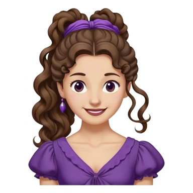 Femme aux cheveux longs et bruns, attachés en une queue-de-cheval haute et bouclée. Une mèche retombe sur son front. Elle porte une robe violette de style antique et a un sourire espiègle. sticker