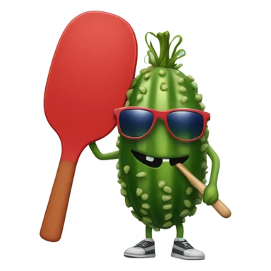 pickle with legs, holding a solid red paddle ball racket, blue backgound, wearing sunglasses sticker