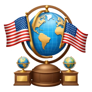 icon featuring podium with a speaker, russian and american flags, and voting ballots. The design includes a globe and scales of justice in the background, representing governance, global affairs, and political theory. Transparent background emphasizes civic engagement and policy. sticker