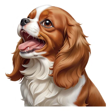 Cinematic Cute Yawning Blenheim Cavalier King Charles Spaniel Portrait Emoji, Head tilted slightly with a dramatic, wide-open yawn, soft Blenheim coat with delicate chestnut and white markings, floppy ears slightly drooping, round brown eyes barely open in drowsy contentment, Simplified yet irresistibly adorable features, highly detailed, glowing with a soft, cozy glow, high shine, relaxed yet expressive, stylized with a touch of whimsy, bright and endearing, soft glowing outline, capturing the essence of a sleepy yet affectionate companion, so drowsy it feels like it could stretch right out of the screen and curl up for a nap! sticker