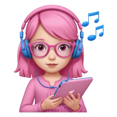 Little girl with headphones when pink eyes and pink iPad and pink dreamy background and rose colored glasses and blue music notes around her and pink dress sticker