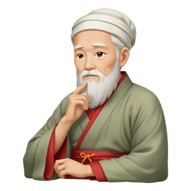 Old oriental sage with white beard and traditional Chinese clothing in contemplative pose, looking thoughtful with hand on chin sticker