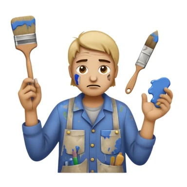 clumsy amateur house painter emoji wearing old dirty clothes with paint stains, no protective gear or hat, holding a broken paintbrush, looking confused or frustrated, paint splatters on face and hands, messy background sticker