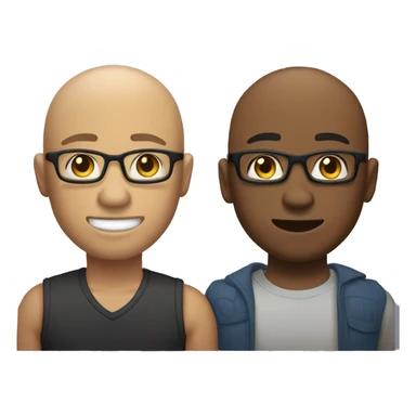 two gay male couple, one of them is a bald, light skin man, with muscled body, tall, with glasses, and the other one is shorter, with darker skin, also  muscled, with long hair in a ponytail, and hairy body sticker