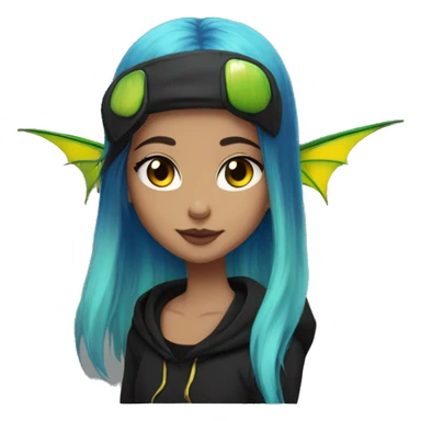 Lady with brunette and iridescent blue hair, gold, lime green dragon wings, black hoodie, bleach dyed, black and gold Nike t shirt, and bright red eyes sticker