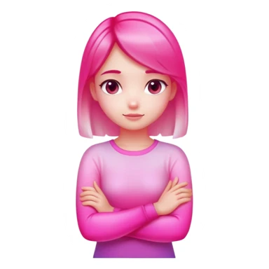 Shy girl character with arms crossed, transparent glass style, bright pink gradient, soft shadows and highlights, minimalist cute design sticker
