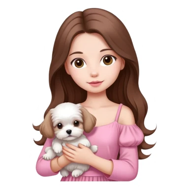 beautiful girl with long hair wearing pink dress holding a white Maltese puppy sticker