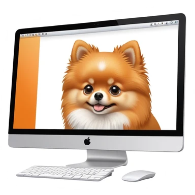 iMac monitor with a Pomeranian dog photo displayed on screen sticker