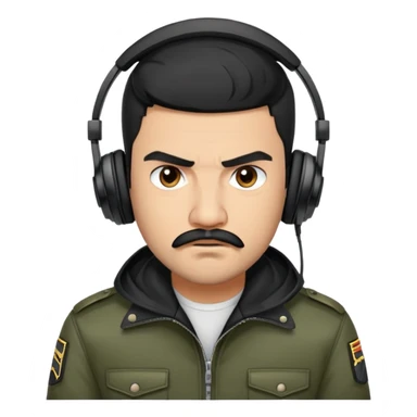 Cartoon avatar of a young latino man with very short black hair (military cut), trimmed beard only on the chin with mustache, wearing black jacket and headphones. Angry face. Semi-realistic, clean cartoon style, vivid colors, transparent background. sticker