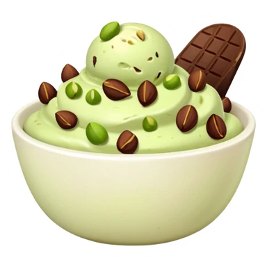 I want a emoji of pistachio ice cream with pistachio on top and some chocolate chips , make sure it’s in a bowl and aesthetic in a white bowl and make it look a little bit more green sticker