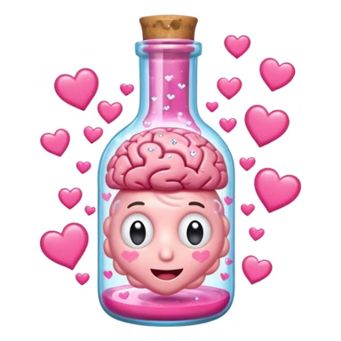 A cartoon brain inside a cute glass bottle with pink liquid, labeled “obsessed”, with hearts and sparkles swirling around. sticker