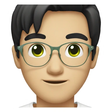 A white boy with glasses with black hair wearing a white T-shirt with green eyes sticker