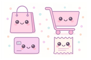 cute shopping theme with pastel pink tones, kawaii style, featuring a smiling shopping bag, a pastel pink shopping cart, a cute credit card, and a happy receipt, all with adorable faces and soft rounded shapes sticker