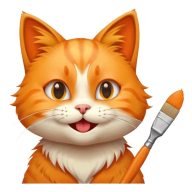 happy cat with a paintbrush in its mouth, playful expression, emoji style sticker