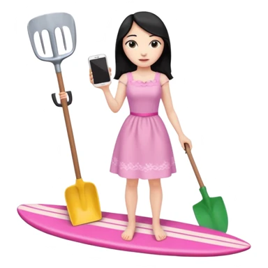 Princess who wearing dress (woman) black hair holding her cellphone and a garden shovel with another hand. She is standing on her feet, there is one pink surfing board. sticker