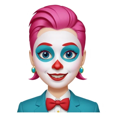Pink slicked-back hair.

White face paint with blue eyebrows and eye makeup.

Big red nose and wide smile with red lipstick.

Wearing a teal suit with a yellow shirt and red buttons. sticker