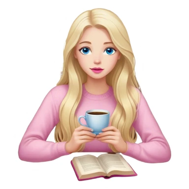 cinematic realistic blonde with long hair, blue eyes, pink lips, sitting in a cozy atmosphere, reading a book, next to the table is a cup of coffee with delicate floral ornaments sticker
