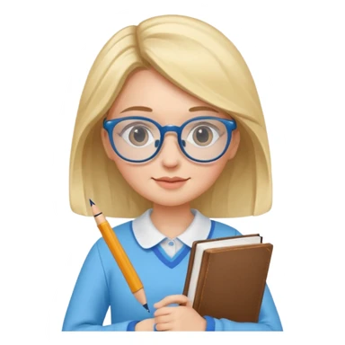 cute girl, glass, smart, Sky-blue colored clothing,
holding a book in one arm and a pen in the other hand.Holding a pen in the right hand as if teaching.Wearing glasses, with a smart and bright-looking face. sticker
