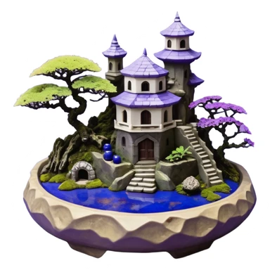  Ancient saucer-castle-house jungle winding trail mountainside getaway haunted nighttime landscape antique mudman very old broken cracked intricately detailed Stone Age lapis-crusted irregular dodecagon-shaped shallow dark moss rough bark violet flowered maple bonsai Saikei platter  sticker