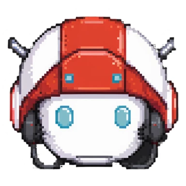 Red bomberman head only, round helmet with antenna, white face with determined eyes, pixel art style sticker