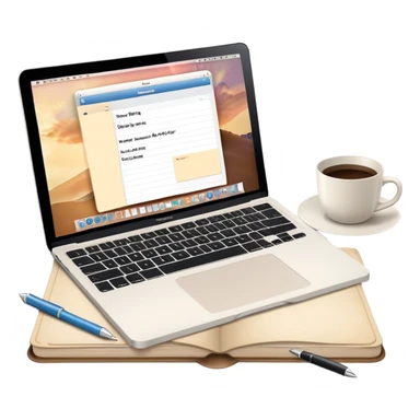 MacBook with booking app open beside vintage paper notebook and pen sticker