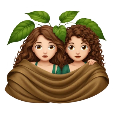 fake sleep pose — long wavy brown hair tattooed woman and short tight curly brown hair woman — peeking under leaf blanket sticker