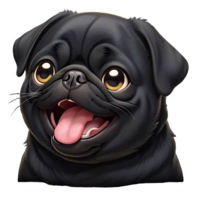 Cinematic Cute Yawning Black Pug Portrait Emoji, Head tilted slightly with a dramatic, wide-open yawn, showcasing a smooth black coat with a velvety texture, floppy ears slightly drooping, round dark eyes barely open in drowsy contentment, Simplified yet irresistibly adorable features, highly detailed, glowing with a soft, cozy glow, high shine, relaxed yet expressive, stylized with a touch of whimsy, bright and endearing, soft glowing outline, capturing the essence of a sleepy yet affectionate companion, so drowsy it feels like it could stretch out of the screen and curl up for a nap! sticker