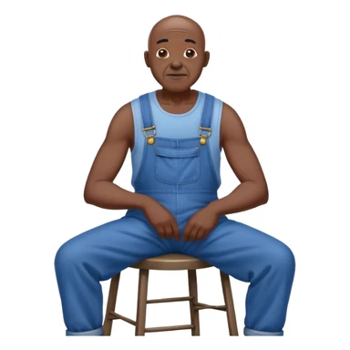 Old bald black man sitting on stool wearing overalls sticker