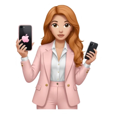pale skin Kim Kardashian with ginger wavy long Hair, light pink  Spacious classical jacket, light pink palazzo Arrow pants and white blouse holding white IPhone 15 pro in the hands sticker
