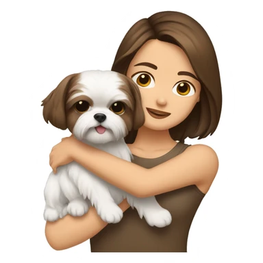 Brunette girl with brown short hair, hugging her Shih tzu white with gold ears sticker