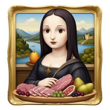  goth mona lisa with SPAM MEAT charcuterie and fruit tray renaissance landscape sticker