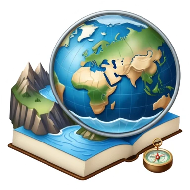 an icon featuring an earth with attitude and longitude lines, a textbook, and a topographic map, symbolizing geography as a science. The design includes a compass, mountain ranges, and rivers, representing the study of Earth's features and landscapes. Transparent background highlights geography. sticker