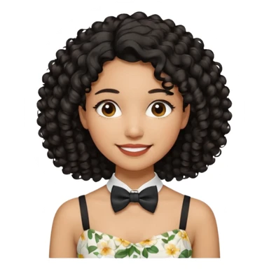 A young woman. She has voluminous, curly black hair that frames her face beautifully. Her skin tone is light Brown and glowing, and she has a subtle, natural makeup look. She’s smiling softly at the camera. She is wearing a white floral top with thin straps and a small bow tie detail in the front. sticker