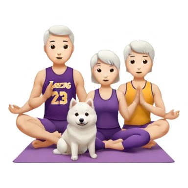 asian couple with a Samoyed which is a Short hair brunette male with lakers jersey and long hair brunette female yoga clothing sticker