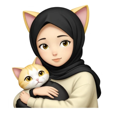 a girl wearing a black hijab in a creme sweater, hugs a japanese yellow, black, and white one cat sticker