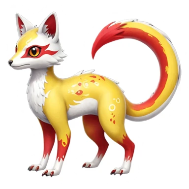  Hyper-realistic oily smooth silky soft White white with red gradients, and yellow, slit eyes, oriental intricate markings handsome cool edgy aesthetic colorful vibrant Vernid-Trico-species-Fakemon-creature by LiLaiRa, 4 legs, 1 tail, random markings, (full body) sticker
