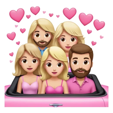 One blonde woman, two brunette women, and a brown haired bearded man in a pink convertible with hearts blowing behind the convertible sticker